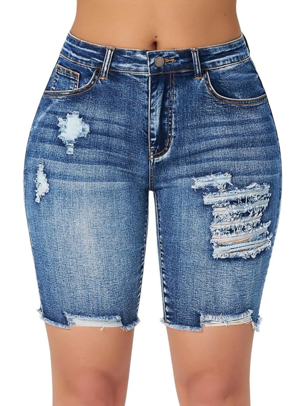 High-Waisted Stretchy Denim Bermuda Shorts | Ripped Casual Summer Jean Shorts